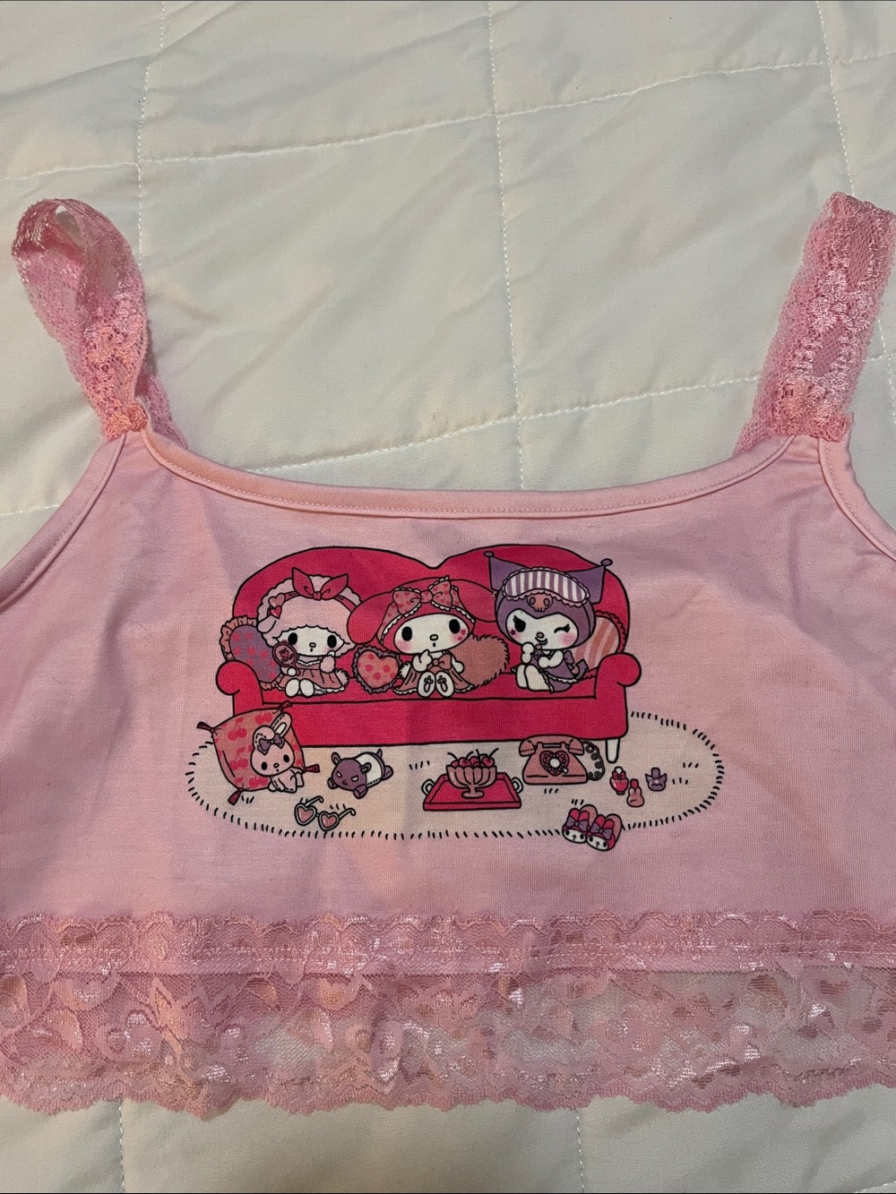 Sanrio Pink Lace-Trim Camisole with Character Sofa Print
